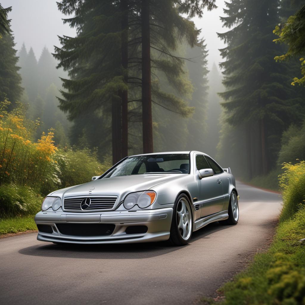  1997 Mercedes AMG C36 in silver color, parked on a road. The car should have its distinctive AMG sporty design elements, slightly aggressive front grille, alloy wheels, and classic 90's sedan body line. hyperrealistic, full body, detailed clothing, highly detailed, cinematic lighting, stunningly beautiful, intricate, sharp focus, f/1. 8, 85mm, (centered image composition), (professionally color graded), ((bright soft diffused light)), volumetric fog, trending on instagram, trending on tumblr, HDR 4K, 8K