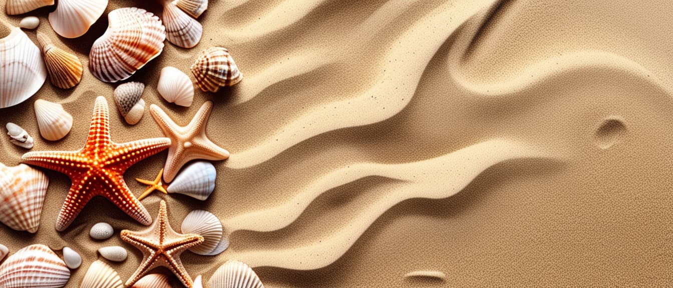  best quality, HD, Sea shell and starfish on sand background with copy space. Top view. Banner for advertising beach resorts, travel agencies, leisure and travel