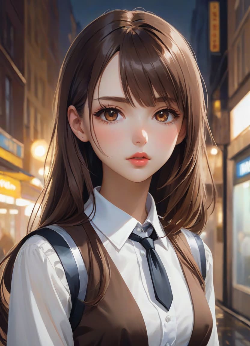  anime artwork beautiful , , oblique bangs, a mole under the lower lip in the middle of the chin. white skinned, European, brown eyes, long brown straight hair, side bangs, mole under the lower lip, slender figure, small neat s, dressed in a black dress with a white collar and white cuffs, full length, against the backdrop of a modern city. Skyscrs of Moscow City (photorealism, oil painting: 1.3), (full length shot: 1.3), charming , long flowing black hair, (large sensual mouth: 1.2), plump lips, sparkling brown eyes , narrow waist, (sensual drawing: 1.2), silvery glow, ethereal aura, detailed brushwork, intricate shadows and highlights, mysterious and captivating expression, unique color palette, masterf hyperrealistic, full body, detailed clothing, highly detailed, cinematic lighting, stunningly beautiful, intricate, sharp focus, f/1. 8, 85mm, (centered image composition), (professionally color graded), ((bright soft diffused light)), volumetric fog, trending on instagram, trending on tumblr, HDR 4K, 8K