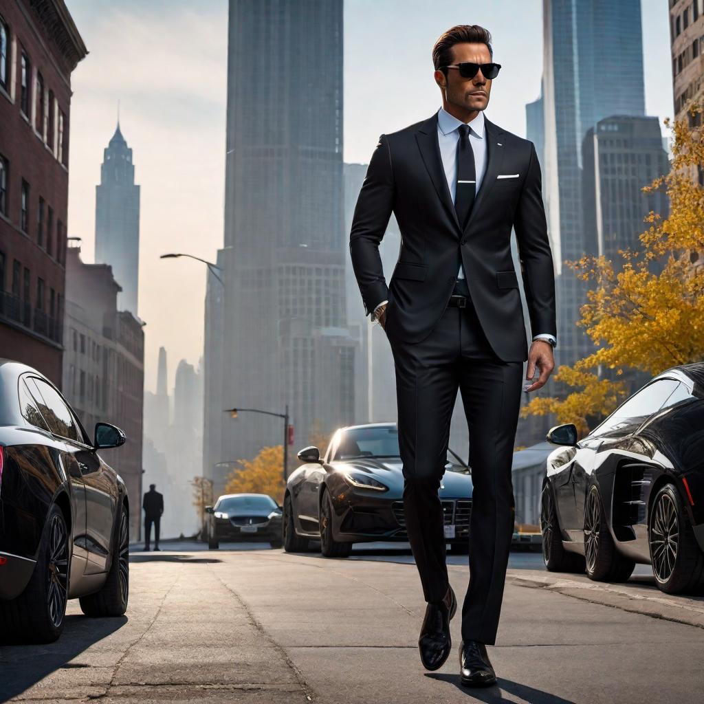  Create an image of a spy character in a sleek black suit with dark sunglasses and a mysterious expression on his face. The character should have a hidden earpiece, holding a briefcase in one hand, and standing in a dimly lit alleyway with a city skyline in the background. hyperrealistic, full body, detailed clothing, highly detailed, cinematic lighting, stunningly beautiful, intricate, sharp focus, f/1. 8, 85mm, (centered image composition), (professionally color graded), ((bright soft diffused light)), volumetric fog, trending on instagram, trending on tumblr, HDR 4K, 8K