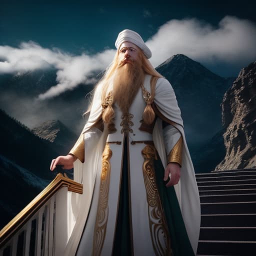  white man, long blond hair, colorful eyes with long beard and a beautiful face, wearing white, climbing stairs out of gold to heaven, surrounded by clouds but we notice big green lands and mountains, it's heaven hyperrealistic, full body, detailed clothing, highly detailed, cinematic lighting, stunningly beautiful, intricate, sharp focus, f/1. 8, 85mm, (centered image composition), (professionally color graded), ((bright soft diffused light)), volumetric fog, trending on instagram, trending on tumblr, HDR 4K, 8K