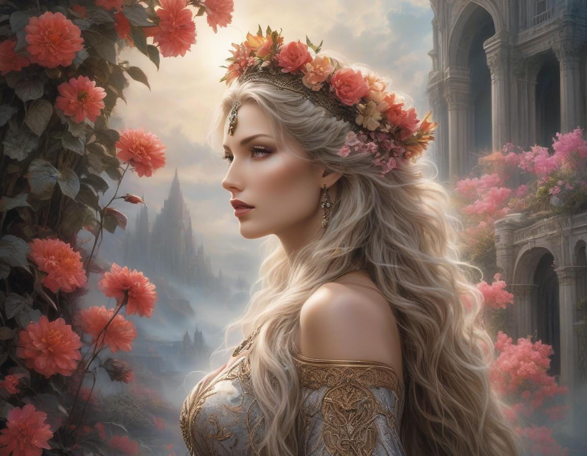  hyperrealistic art A woman with a floral crown and long wavy hair gazes away, set against a fantastic al castle and lush, blooming flowers. Envision a work of art where fantasy and reality blur—a woman stands enshrouded in a tapestry of vivid blossoms, her hair a cascade of elaborate floral designs. She dons a dress of futuristic elegance against a backdrop that whispers of the surreal, all captured in the distinctive style of Luis Royo. This digital masterpiece comes alive with brilliant hues and otherworldly illumination, creating a dreamy realm where every ornate detail contributes to an imaginative tableau . extremely high resolution details, photographic, realism pushed to extreme, fine texture, incredibly lifelike hyperrealistic, full body, detailed clothing, highly detailed, cinematic lighting, stunningly beautiful, intricate, sharp focus, f/1. 8, 85mm, (centered image composition), (professionally color graded), ((bright soft diffused light)), volumetric fog, trending on instagram, trending on tumblr, HDR 4K, 8K