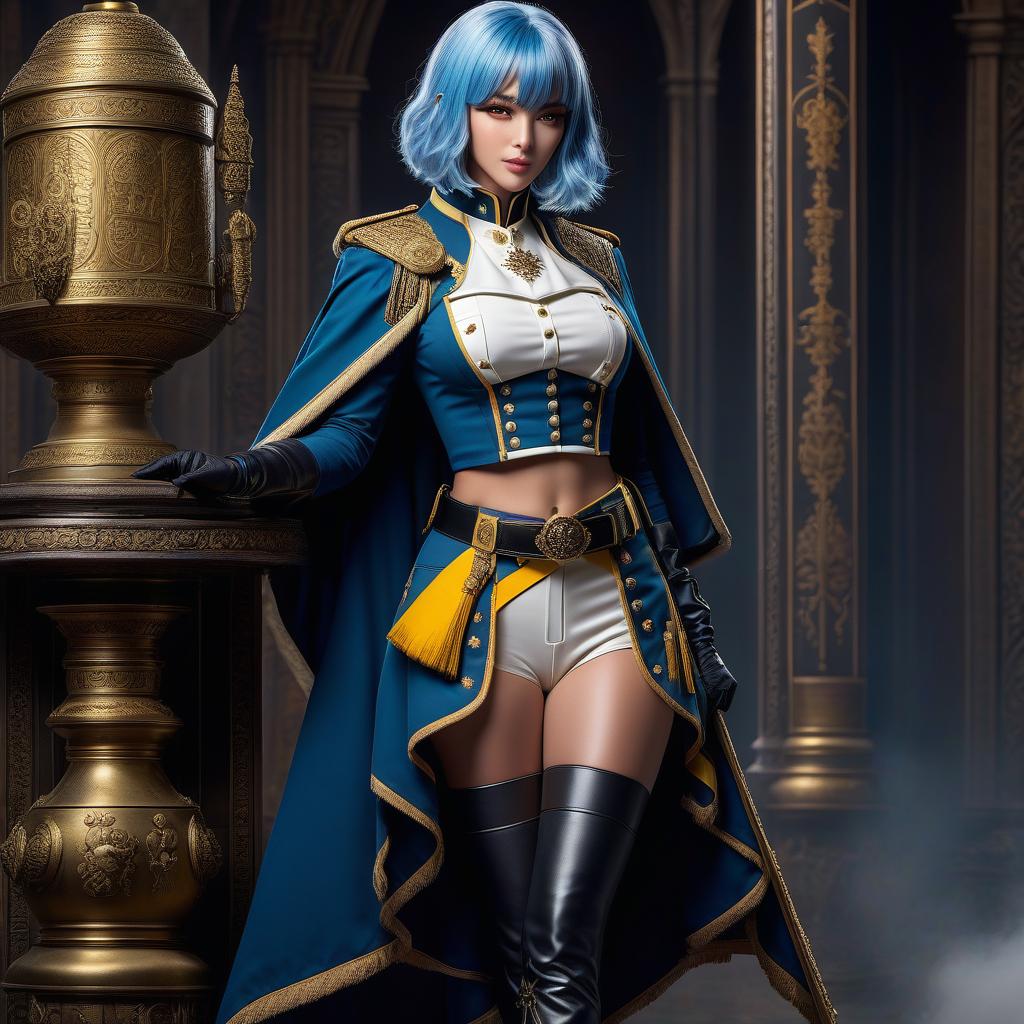  Girl, paladin, ((full body)), dark skin, blue hair, bob cut, bright yellow eyes, hourglass figure, fully clothed, military uniform, (19th century ceremonial uniform), white clothes, white cloak, ((leggings )), black boots, over the knee boots, thigh high boots, tight boots, (shako), belt, choker, epaulettes, awards, (epic pose), looking at viewer, looking down, evil grin, (extremely hyper detailed face), (masterpiece : 1.4), (perfect eyes: 1.1), (perfect hands), 2D, anime, extremely detailed clothes. hyperrealistic, full body, detailed clothing, highly detailed, cinematic lighting, stunningly beautiful, intricate, sharp focus, f/1. 8, 85mm, (centered image composition), (professionally color graded), ((bright soft diffused light)), volumetric fog, trending on instagram, trending on tumblr, HDR 4K, 8K