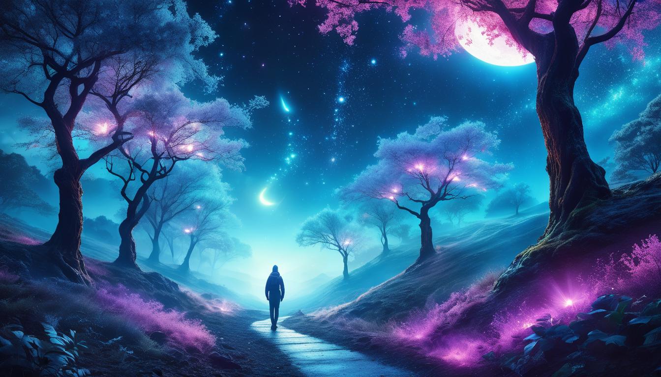  fluorescent dust, fluorescent spraypaint, fluorescent grain, fluorescent make up A person standing alone on a winding path, looking forward with determination. Background of barren trees. Angelic beings guiding the path, mood of hope, resilience.dust, cinematic film, best quality, high resolution, realistic, 8k, dynamic angle, serene, extremely detailed, absurdres particle effect, wonderful night dreamlike glowing masterpiece, celestial, detailed, realistic, image concept art, phenomenal mesmerise, maximalist,