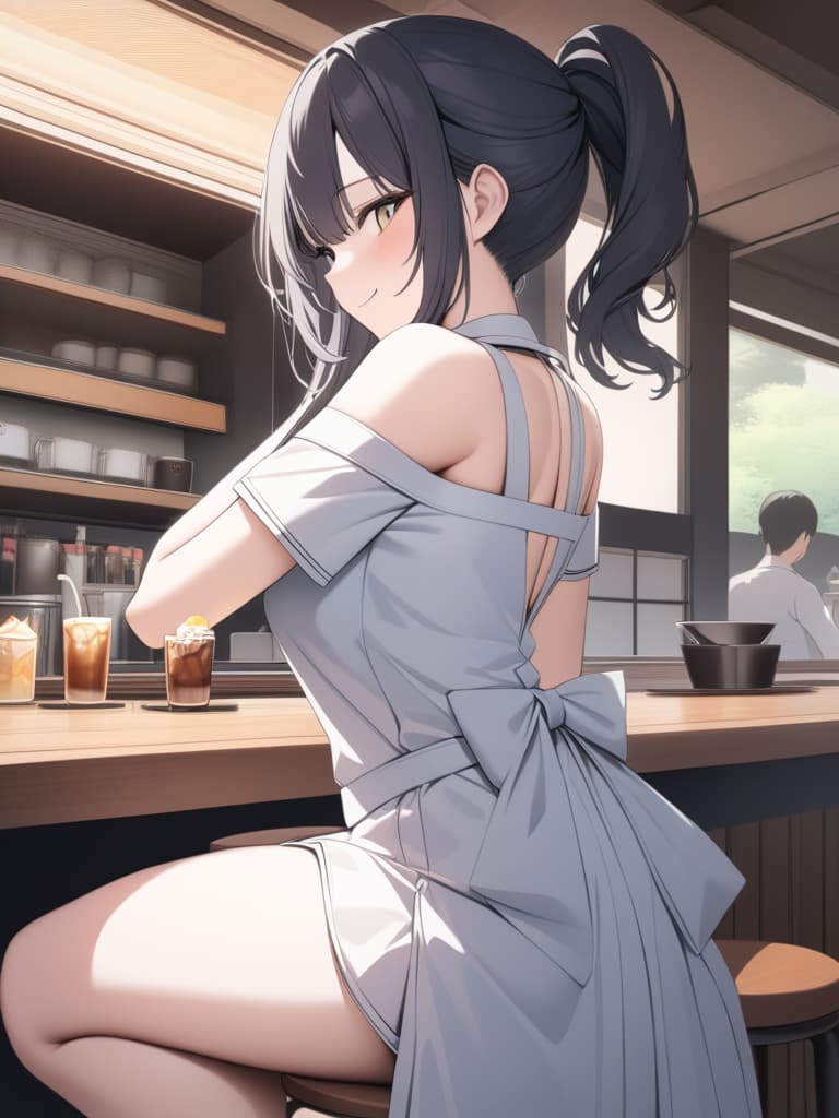  Japan Painting Style, Friul APRON, Bare Shoulder, Cary A Tray, Happy Smile, Japanese Cafe, From Side, Best Quality: 1.4, Ultra Detailed Ture, Raw Photorealistic, Absurd Resolution, 8k Illustration, 💩 , 💩, 💩, 💩, 💩, 💩,, masterpiece, best quality,8k,ultra detailed,high resolution,an extremely delicate and beautiful,hyper detail