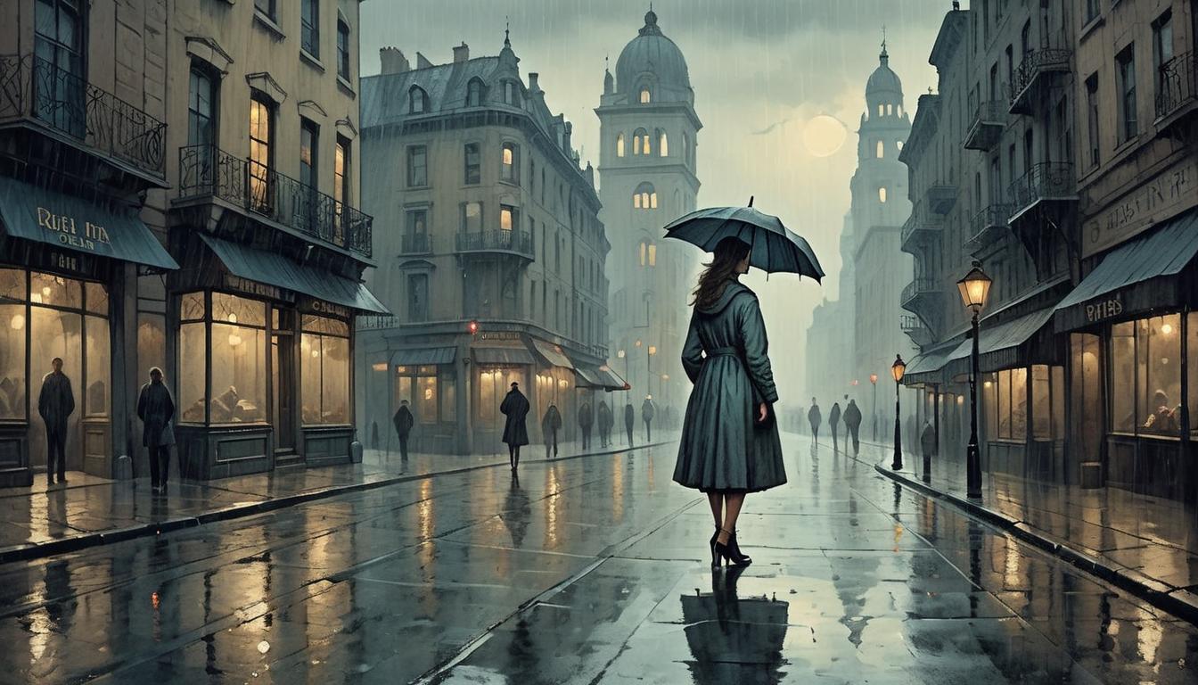  on parchment, surrealism+++, Woman standing on a dimly lit street, looking around with a lost expression, cityscape around her, rain soaked pavement, sense of wandering, searching(mysterious, provocative, symbolic,muted color)+++