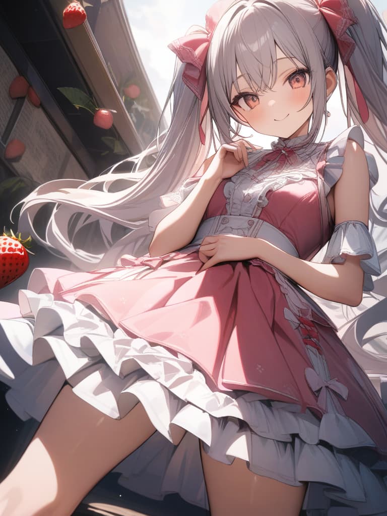  Cute, , big eyes, thin body, fluffy hair, exposure, strawberry, smiling, frill dress, , twin tails, long hair, peach, pink frill dress, exposure, masterpiece, best quality,8k,ultra detailed,high resolution,an extremely delicate and beautiful,hyper detail