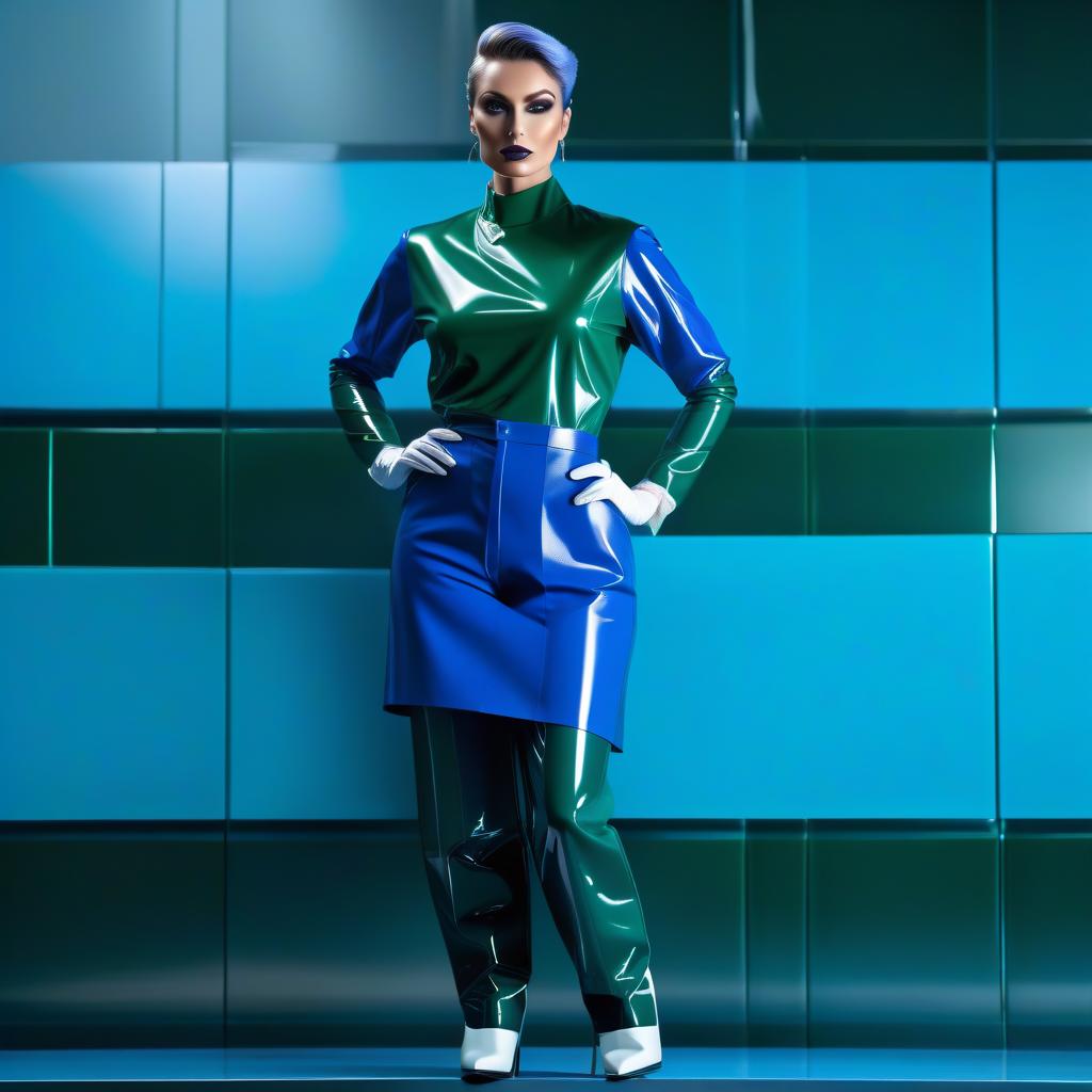  a woman surgeon stands straight with her feet shoulder width apart, showing off the unique gradient effect of her trousers. The upper part of the trousers is made of glossy dark blue latex, which gradually transitions to glossy dark green latex towards the lower, creating an unusual play of colors. The trousers are tucked into high surgical shoe covers in the form of high boots, knee length, with flat soles without heels, hyperrealistic, full body, detailed clothing, highly detailed, cinematic lighting, stunningly beautiful, intricate, sharp focus, f/1. 8, 85mm, (centered image composition), (professionally color graded), ((bright soft diffused light)), volumetric fog, trending on instagram, trending on tumblr, HDR 4K, 8K