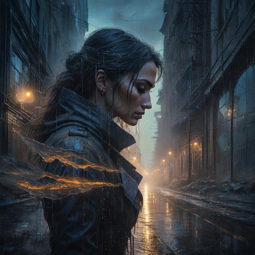  A portrait of a person against the backdrop of a twilight labyrinth of forgotten melodies, where rusty strings play a somber tune, the sound of crystal tears on a polished rock mixes with the gentle whisper of rain. Double exposure. A grunge portrait is illuminated by an electrical wave, trembling in the glow of the burning streetlights. Urban ruins, painted in the colors of lost daydreams. Iron constructions of clouds, drawn on the canvas of a night storm. Broken glass memories, reflecting the cries of broken hearts. Silent streets of the heart. hyperrealistic, full body, detailed clothing, highly detailed, cinematic lighting, stunningly beautiful, intricate, sharp focus, f/1. 8, 85mm, (centered image composition), (professionally color graded), ((bright soft diffused light)), volumetric fog, trending on instagram, trending on tumblr, HDR 4K, 8K