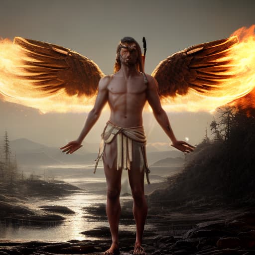 redshift style A Heavenly Angel Warrior in a wilderness is baptized by the fire of God but is not consumed being consumed.