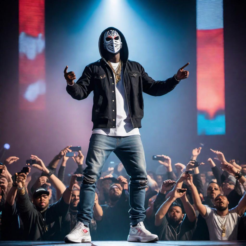  A rapper with a stitched mask face reaching for the crowd as he sings for a sold-out concert. The rapper is wearing street clothes, such as a hoodie, baggy jeans, and sneakers. He is standing on an illuminated stage with colorful spotlights, surrounded by a cheering crowd. The background is dark to contrast with the bright stage lights and the rapper's dynamic pose. hyperrealistic, full body, detailed clothing, highly detailed, cinematic lighting, stunningly beautiful, intricate, sharp focus, f/1. 8, 85mm, (centered image composition), (professionally color graded), ((bright soft diffused light)), volumetric fog, trending on instagram, trending on tumblr, HDR 4K, 8K