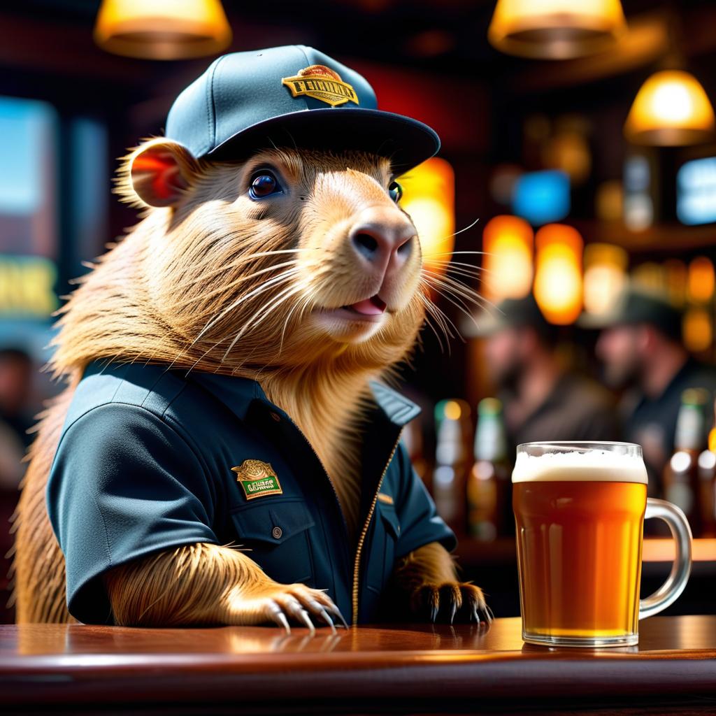  breathtaking A capybara in a cap sits in a bar and holds a mug of beer . award winning, professional, highly detailed hyperrealistic, full body, detailed clothing, highly detailed, cinematic lighting, stunningly beautiful, intricate, sharp focus, f/1. 8, 85mm, (centered image composition), (professionally color graded), ((bright soft diffused light)), volumetric fog, trending on instagram, trending on tumblr, HDR 4K, 8K