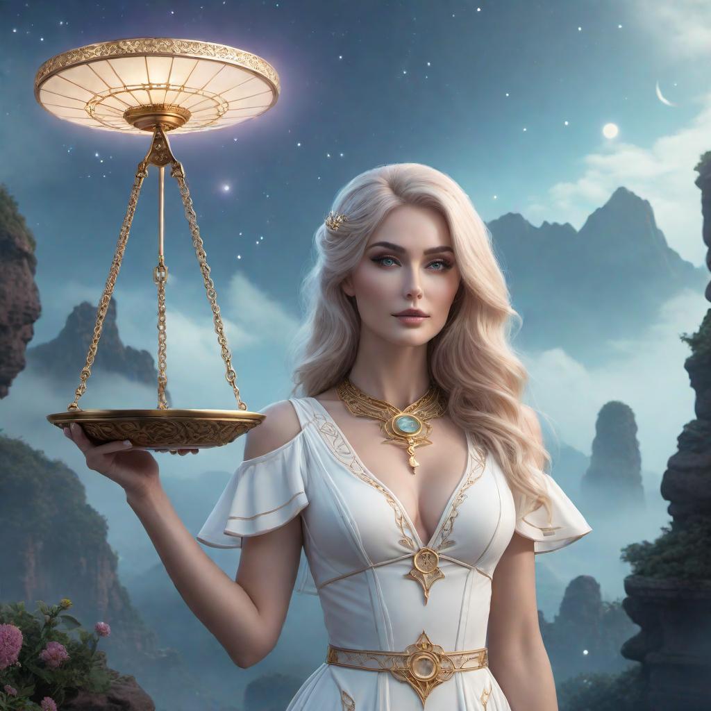  Enchanting white female holding a scale as a symbol of balance in the sign of Libra zodiac, lofi fantasy style. The character should have a harmonious and balanced appearance, with soft, dreamy, and relaxed lofi elements. Include celestial or cosmic background details to create an enchanting atmosphere. hyperrealistic, full body, detailed clothing, highly detailed, cinematic lighting, stunningly beautiful, intricate, sharp focus, f/1. 8, 85mm, (centered image composition), (professionally color graded), ((bright soft diffused light)), volumetric fog, trending on instagram, trending on tumblr, HDR 4K, 8K