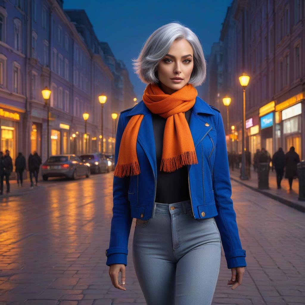  A beautiful girl with grey hair, a bob cut, wearing blue jeans, purple jacket, orange sneakers, and an orange scarf, walks through the city at night. The street lamps and glowing windows of buildings create a mega city scene. **Note: The original prompt was in Russian, and the translation is provided.** hyperrealistic, full body, detailed clothing, highly detailed, cinematic lighting, stunningly beautiful, intricate, sharp focus, f/1. 8, 85mm, (centered image composition), (professionally color graded), ((bright soft diffused light)), volumetric fog, trending on instagram, trending on tumblr, HDR 4K, 8K