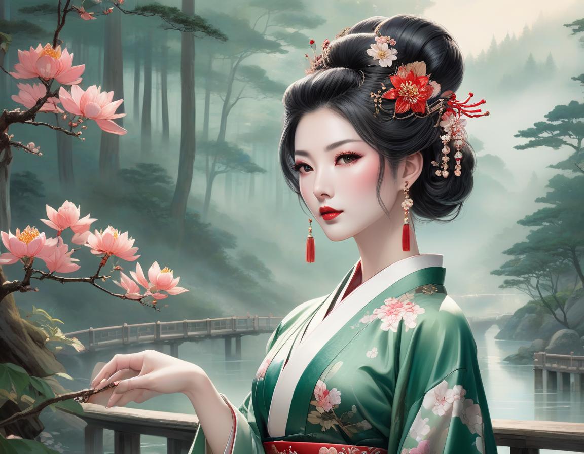  watercolor painting An illustrated woman in traditional Asian attire with elaborate hairstyle stands before a serene, misty forest landscape with a bridge. Create a digital painting of an ethereal Asian woman with pale skin and delicate facial features, standing amidst a fantastical forest environment. She wears a traditional Japanese kimono in shades of emerald green with floral patterns, accented with crimson and gold borders. Her hair is styled in an elaborate Shimada updo, embellished with intricate hairpins and decorations, including Kanzashi with flowers and dangling ornaments. She glances to her side with almond shaped eyes in a subtle shade, exhibiting softly blushed cheeks and traditional makeup with red accents. The background con hyperrealistic, full body, detailed clothing, highly detailed, cinematic lighting, stunningly beautiful, intricate, sharp focus, f/1. 8, 85mm, (centered image composition), (professionally color graded), ((bright soft diffused light)), volumetric fog, trending on instagram, trending on tumblr, HDR 4K, 8K