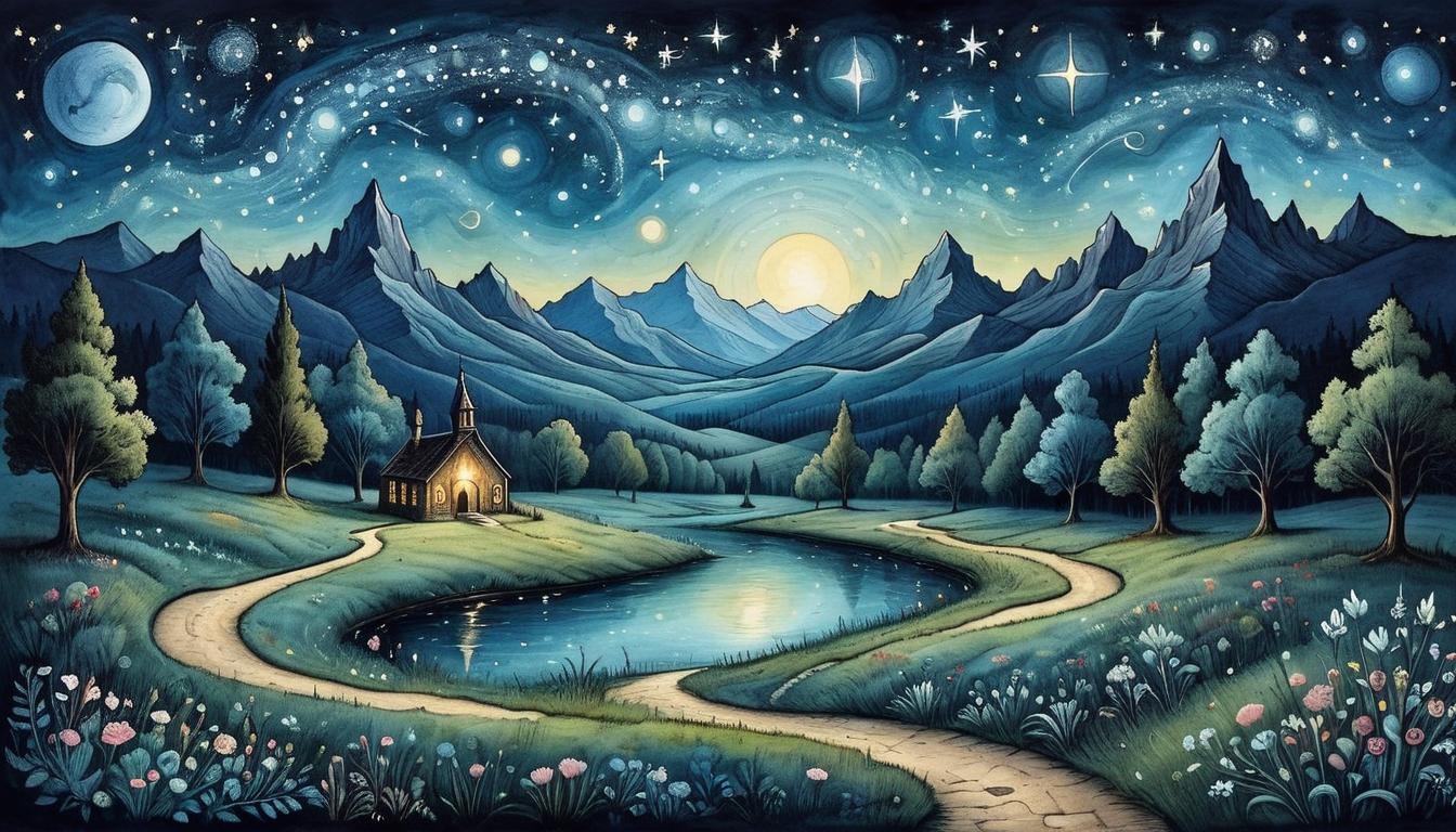  on parchment, surrealism+++, A vast night sky illuminated by countless stars, path through a dark meadow, faint celestial symbols shimmering, path leads towards distant mountains, mysterious, expansive, divine guidance(mysterious, provocative, symbolic,muted color)+++