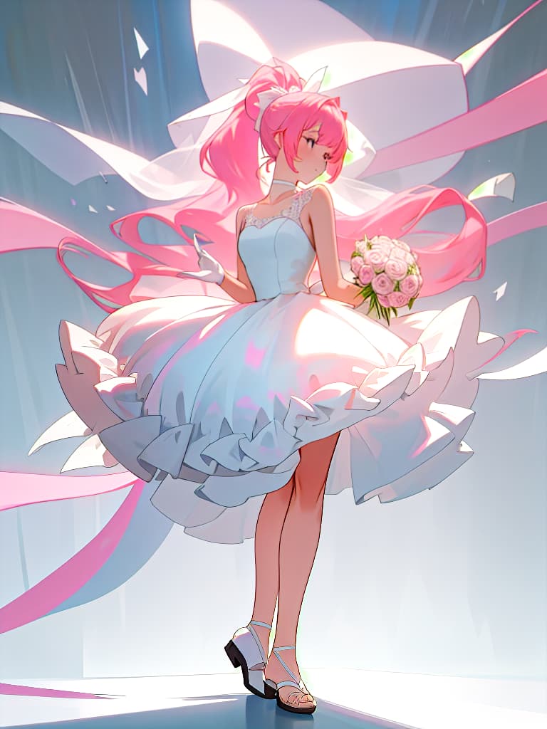  Beautiful , whole body image, woman, pink hair, ponytail, ribbon, wedding dress, A line, off shoulderer, heel shoes, white dresses, toes, front, slender, bouquet, masterpiece, best quality,8k,ultra detailed,high resolution,an extremely delicate and beautiful,hyper detail