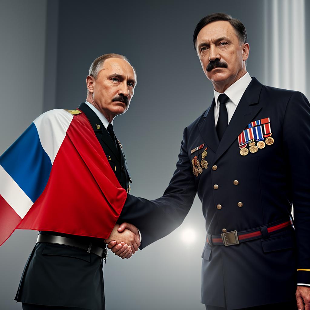  political, conference, Adolf Hitler shaking hands with Vladimir Putin, flags, delegation, swastika armband, mustache, black hair on Hitler, Russian flag next to German flag. hyperrealistic, full body, detailed clothing, highly detailed, cinematic lighting, stunningly beautiful, intricate, sharp focus, f/1. 8, 85mm, (centered image composition), (professionally color graded), ((bright soft diffused light)), volumetric fog, trending on instagram, trending on tumblr, HDR 4K, 8K