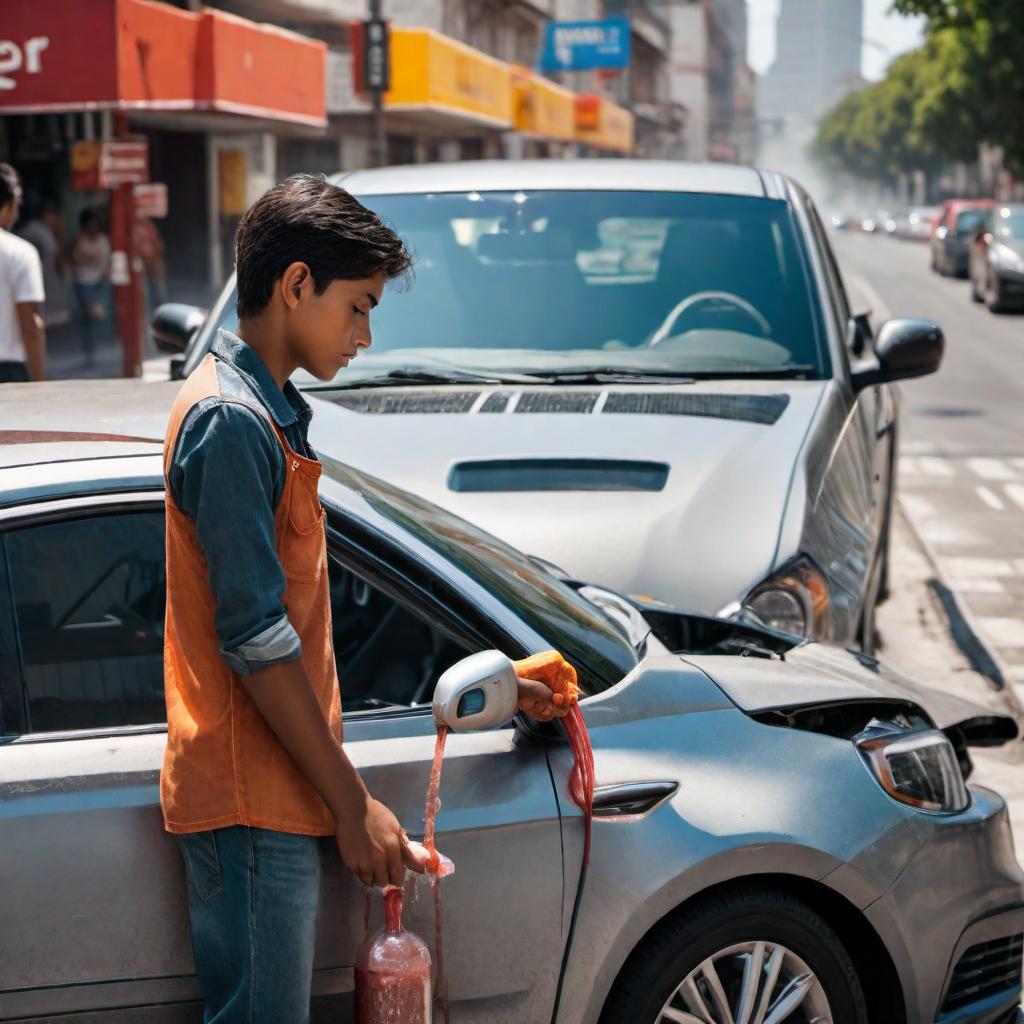  An image of an 8-year-old boy in Mexico City washing windows of cars at a stoplight on a hot summer day. hyperrealistic, full body, detailed clothing, highly detailed, cinematic lighting, stunningly beautiful, intricate, sharp focus, f/1. 8, 85mm, (centered image composition), (professionally color graded), ((bright soft diffused light)), volumetric fog, trending on instagram, trending on tumblr, HDR 4K, 8K