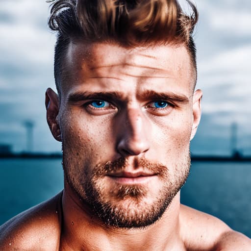 portrait+ style Russian queer fitness model blonde hunk dilf dude face