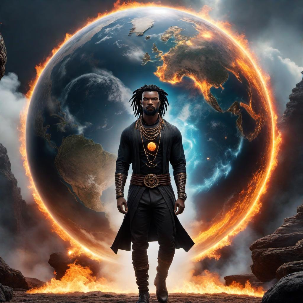  A black avatar with earth as the main element, bending all elements. Fire is coming out of his mouth in the avatar state, with his eyes and short dreadlocks glowing. He is surrounded by a sphere of air. hyperrealistic, full body, detailed clothing, highly detailed, cinematic lighting, stunningly beautiful, intricate, sharp focus, f/1. 8, 85mm, (centered image composition), (professionally color graded), ((bright soft diffused light)), volumetric fog, trending on instagram, trending on tumblr, HDR 4K, 8K