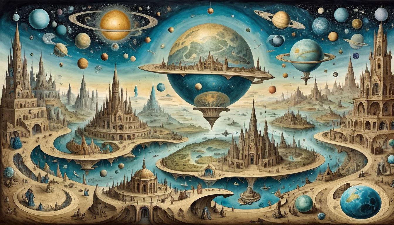  on parchment, surrealism+++, A panoramic view of a multiverse, countless worlds and realms interconnected, cosmic, grand, sprawling, depicting an infinite complexity, awe inspiring, incomprehensible(mysterious, provocative, symbolic,muted color)+++