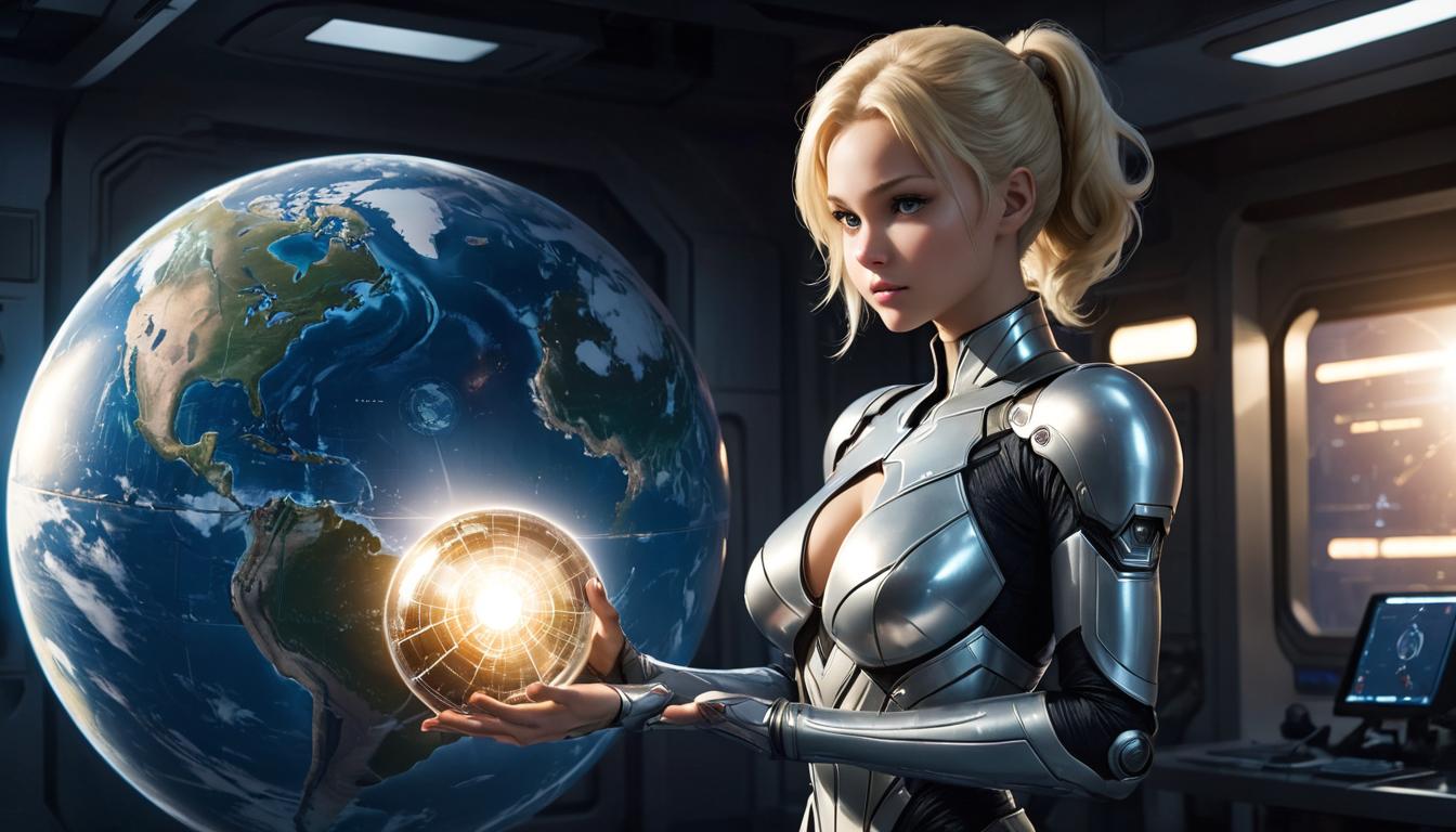  1girl, large busted attractive blonde arian female humanoid, touching Earth globe, divine light surrounding, high tech clothing clad in sleek, futuristic costume with metallic accents and form fitting designs, marvel superhero comics style, unreal engine rendering