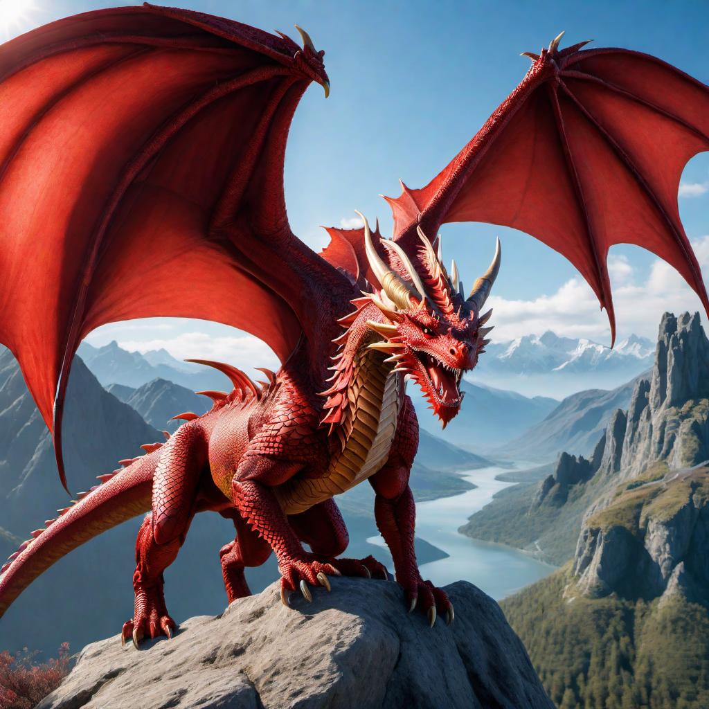  A red dragon with wings for arms and only two legs, which are similar to a normal dragon's back legs. The dragon has sharp claws, fierce eyes, and scales that reflect the sunlight. It is set in a fantasy landscape with mountains and a clear blue sky. hyperrealistic, full body, detailed clothing, highly detailed, cinematic lighting, stunningly beautiful, intricate, sharp focus, f/1. 8, 85mm, (centered image composition), (professionally color graded), ((bright soft diffused light)), volumetric fog, trending on instagram, trending on tumblr, HDR 4K, 8K