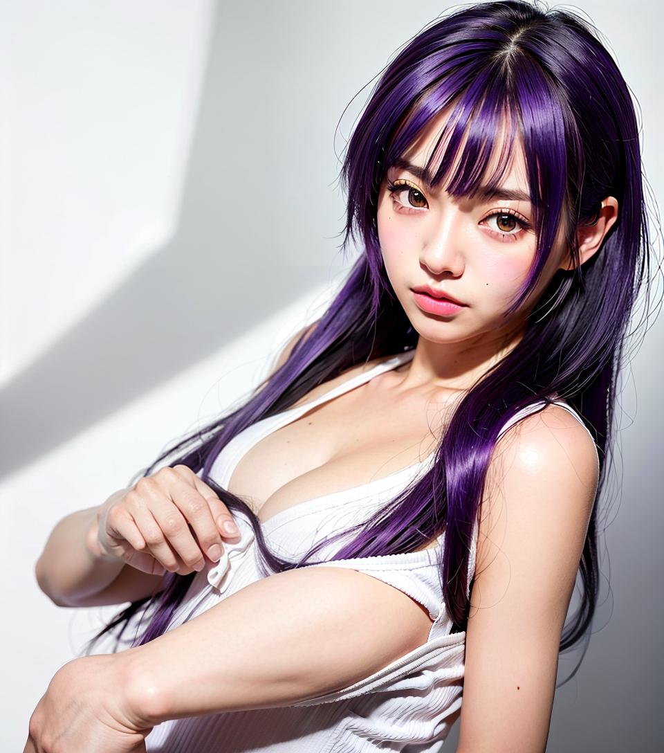  1, ,big eyes,cute face,purple bangs long hair, hairties,small tiny slim body, ribbed, flat,tall election s,big election , legs,, (Masterpiece, BestQuality:1.3), (ultra detailed:1.2), (hyperrealistic:1.3), (RAW photo:1.2),High detail RAW color photo, professional photograph, (Photorealistic:1.4), (realistic:1.4), ,professional lighting, (japanese), beautiful face, (realistic face)