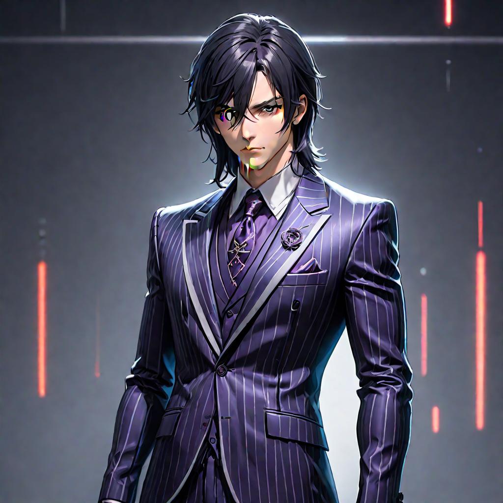  2D, line art, anime style, a male character, serious expression, dead look, too long dark purple hair, amber eyes, deep set eyes, very pale skin, black geometric patterns on the body, violet striped classic suit in futuristic tailoring, silver chain, brooch, gloves, digital space, cool color scheme hyperrealistic, full body, detailed clothing, highly detailed, cinematic lighting, stunningly beautiful, intricate, sharp focus, f/1. 8, 85mm, (centered image composition), (professionally color graded), ((bright soft diffused light)), volumetric fog, trending on instagram, trending on tumblr, HDR 4K, 8K