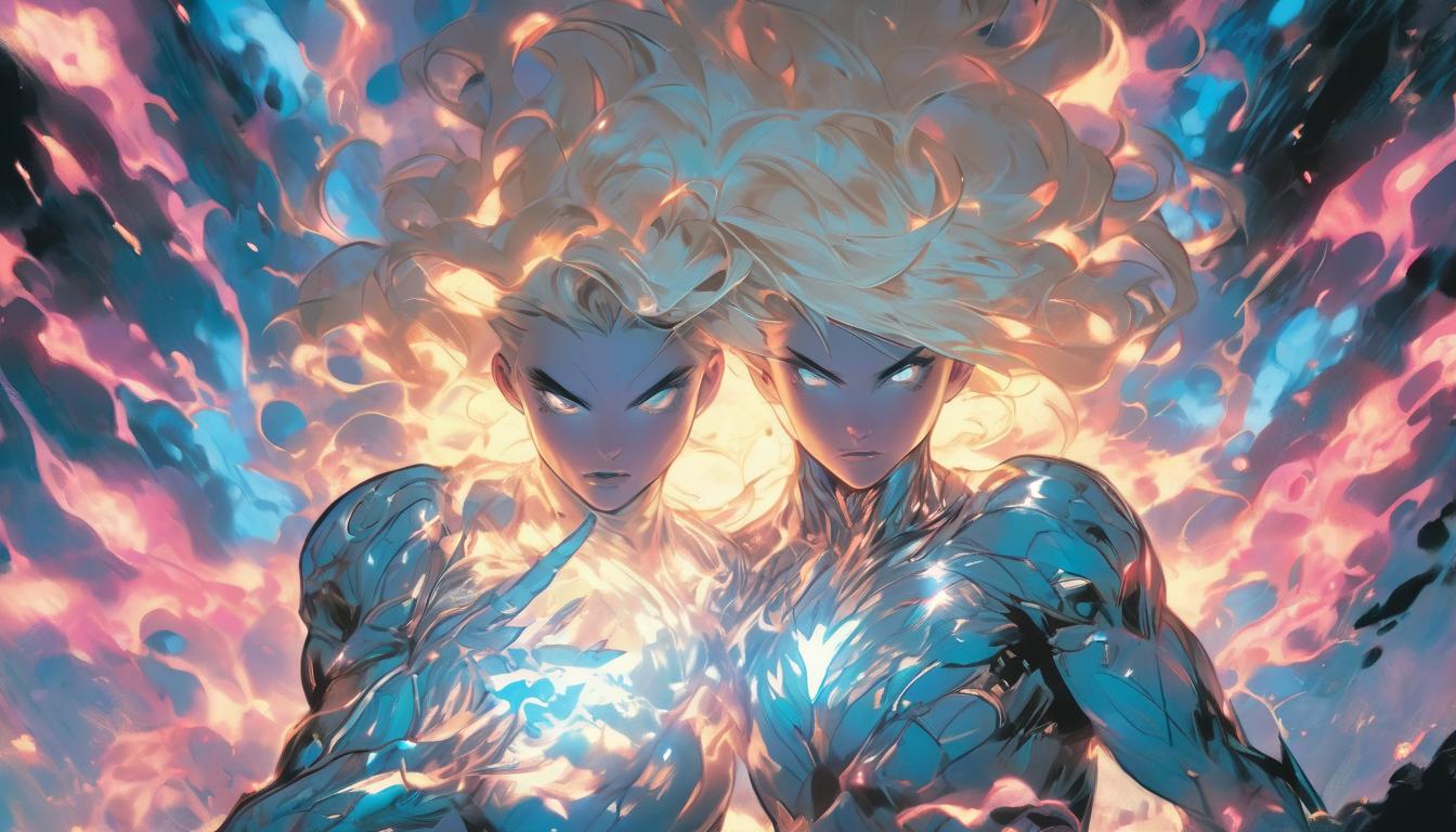  hyperrealism,fantasy aesthetic1woman, large busted attractive blonde arian female humanoid, in deep meditation, light body glowing intensely, cosmic background, high tech clothing clad in sleek, futuristic costume with metallic accents and form fitting designs, marvel superhero comics style, unreal engine rendering