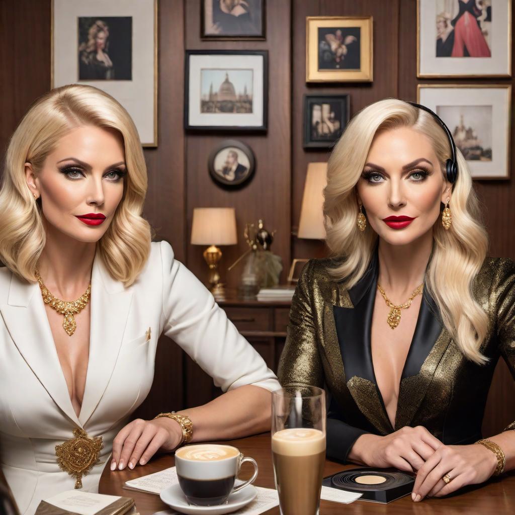  Create multiple vintage cartoon-style podcast covers featuring two distinct blonde women in their late 30s. The women should be elegantly dressed, reminiscent of vintage cartoon art. One can hold an espresso martini, and they should appear to be enjoying themselves in an upscale room set up for podcasting with microphones and headphones. The title 'Plotting Greatness' should be prominently displayed in each design. Use warm, inviting colors like gold, white, and soft pastels to give each design a refined and royal touch. Provide several design variations and layouts, ensuring each cover is eye-catching and conveys a sense of success. hyperrealistic, full body, detailed clothing, highly detailed, cinematic lighting, stunningly beautiful, intricate, sharp focus, f/1. 8, 85mm, (centered image composition), (professionally color graded), ((bright soft diffused light)), volumetric fog, trending on instagram, trending on tumblr, HDR 4K, 8K