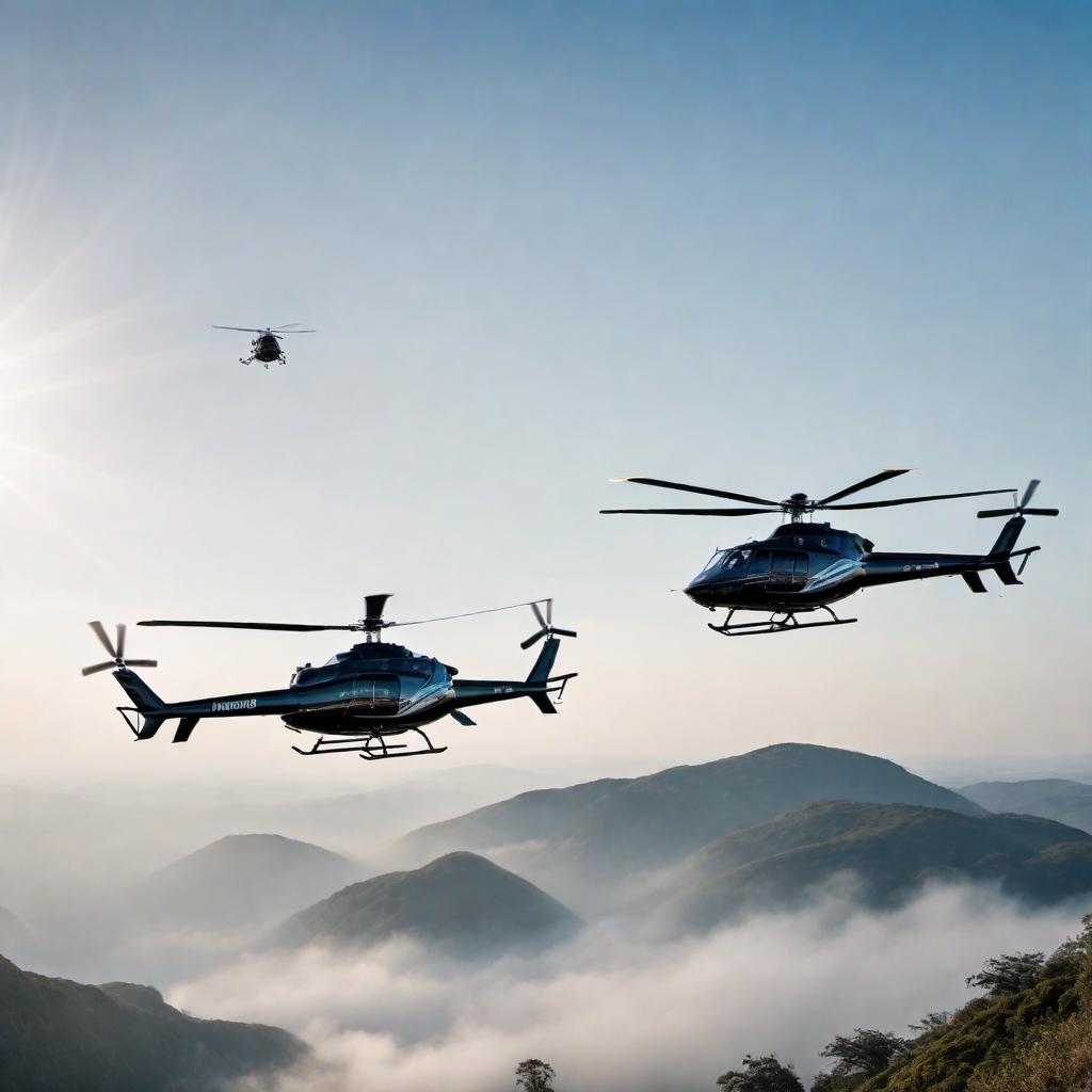  Two helicopters flying in the clear sky on a sunny day, with a large banner hanging between them that reads 'Tyme Real Estate' hyperrealistic, full body, detailed clothing, highly detailed, cinematic lighting, stunningly beautiful, intricate, sharp focus, f/1. 8, 85mm, (centered image composition), (professionally color graded), ((bright soft diffused light)), volumetric fog, trending on instagram, trending on tumblr, HDR 4K, 8K