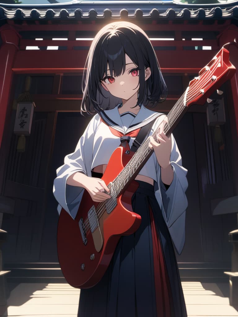  Red guitar,guitarist,red eyes,black hair,long black hair,beautiful,beautiful girl,playing,sailor suit,cool,handsome girl,Japanese style,shrine,piercing,Japanese style guitarist,ultra detailed,best shadow,cute and beautiful face,(masterpiece:1.2),(best quality:1.2),detailed background,high contrast,(best illumination,an extremely delicate and beautiful),((cinematic light)),hyper detail,dramatic light,intricate details,8k,anime,very aesthetic, masterpiece, best quality,8k,ultra detailed,high resolution,an extremely delicate and beautiful,hyper detail