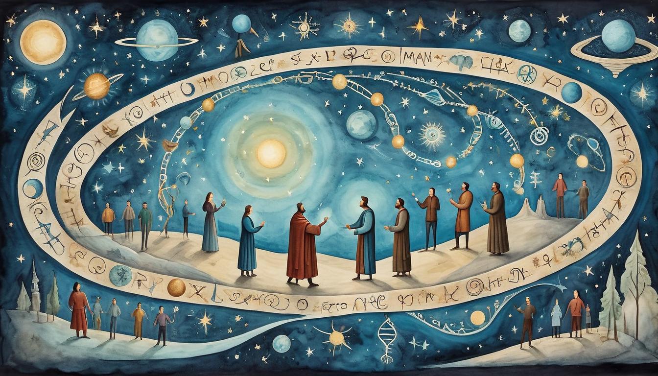  on parchment, surrealism+++, Human figures in a supportive circle, connected by glowing DNA strands, cosmic night sky, illuminated bonds, sense of community and shared purpose(mysterious, provocative, symbolic,muted color)+++