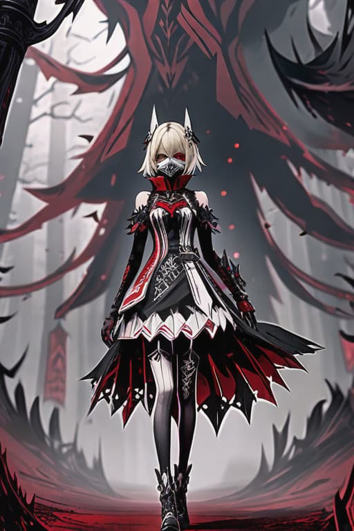  (masterpiece drawning, high quality), (solo:1.1), a digital art of a girl, (Code Vein Mask), high detailed gothic dress, (red/white/black), mistery forest, extreme details, (vibrant color), (intricate details), (dynamic angle)