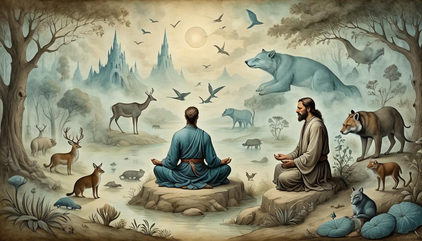  on parchment, surrealism+++, individual quietly meditating in nature, subtle light surrounding, animals peacefully nearby, profound, connected(mysterious, provocative, symbolic,muted color)+++