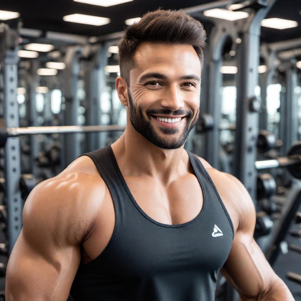  Retouch and enhance a profile photo of a man at the gym. The man should be smiling, and the background should be a bit more neutral. Ensure the man is the focus of the image, and improve the lighting to make the picture more vibrant and appealing. hyperrealistic, full body, detailed clothing, highly detailed, cinematic lighting, stunningly beautiful, intricate, sharp focus, f/1. 8, 85mm, (centered image composition), (professionally color graded), ((bright soft diffused light)), volumetric fog, trending on instagram, trending on tumblr, HDR 4K, 8K