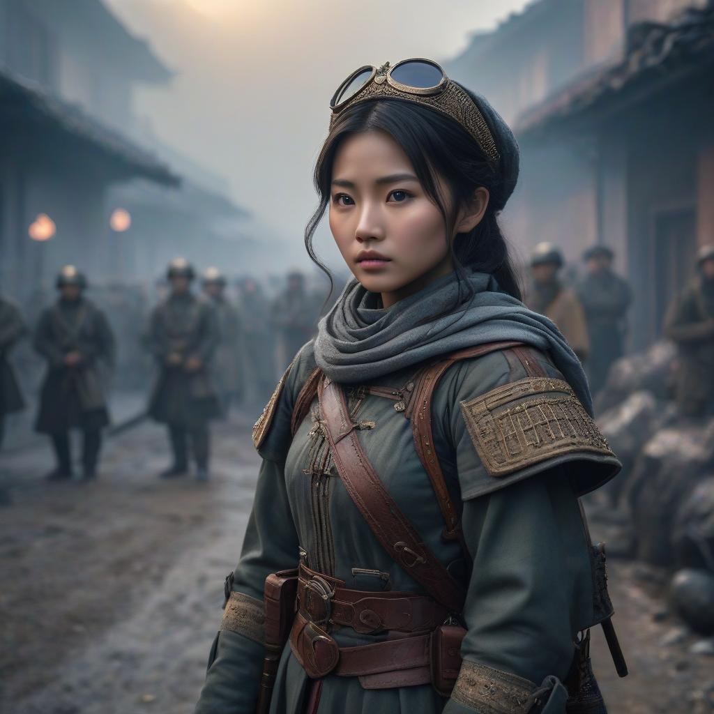  A girl child in war, cold., hkmagic hyperrealistic, full body, detailed clothing, highly detailed, cinematic lighting, stunningly beautiful, intricate, sharp focus, f/1. 8, 85mm, (centered image composition), (professionally color graded), ((bright soft diffused light)), volumetric fog, trending on instagram, trending on tumblr, HDR 4K, 8K