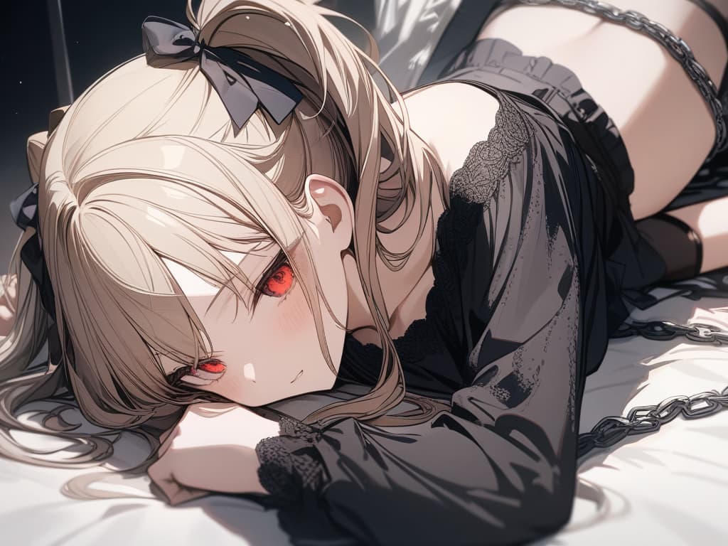  Hair colored beige, twin tails, black ribbon on hair, red eyes, chains, no background, lying down, masterpiece, best quality,8k,ultra detailed,high resolution,an extremely delicate and beautiful,hyper detail