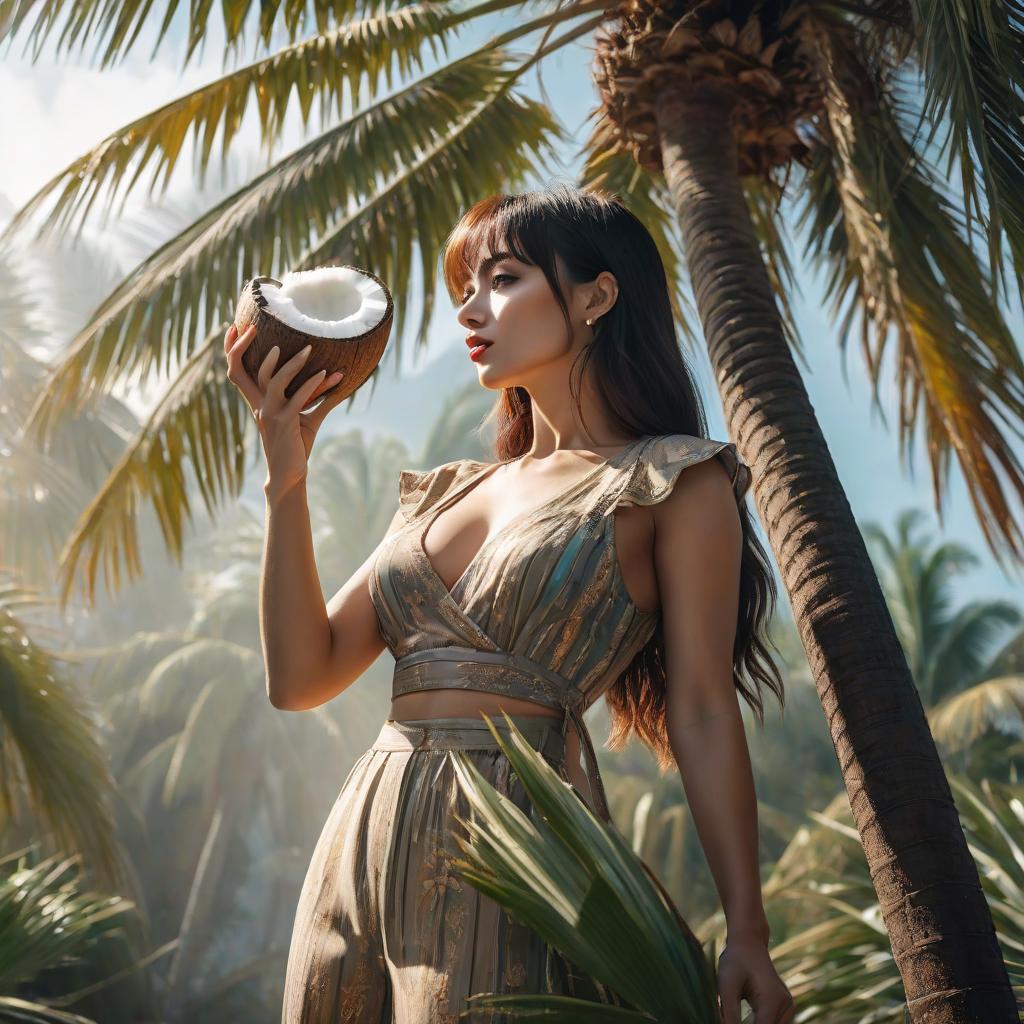  a woman stands tall, leans against a palm tree and drinks from a coconut hyperrealistic, full body, detailed clothing, highly detailed, cinematic lighting, stunningly beautiful, intricate, sharp focus, f/1. 8, 85mm, (centered image composition), (professionally color graded), ((bright soft diffused light)), volumetric fog, trending on instagram, trending on tumblr, HDR 4K, 8K