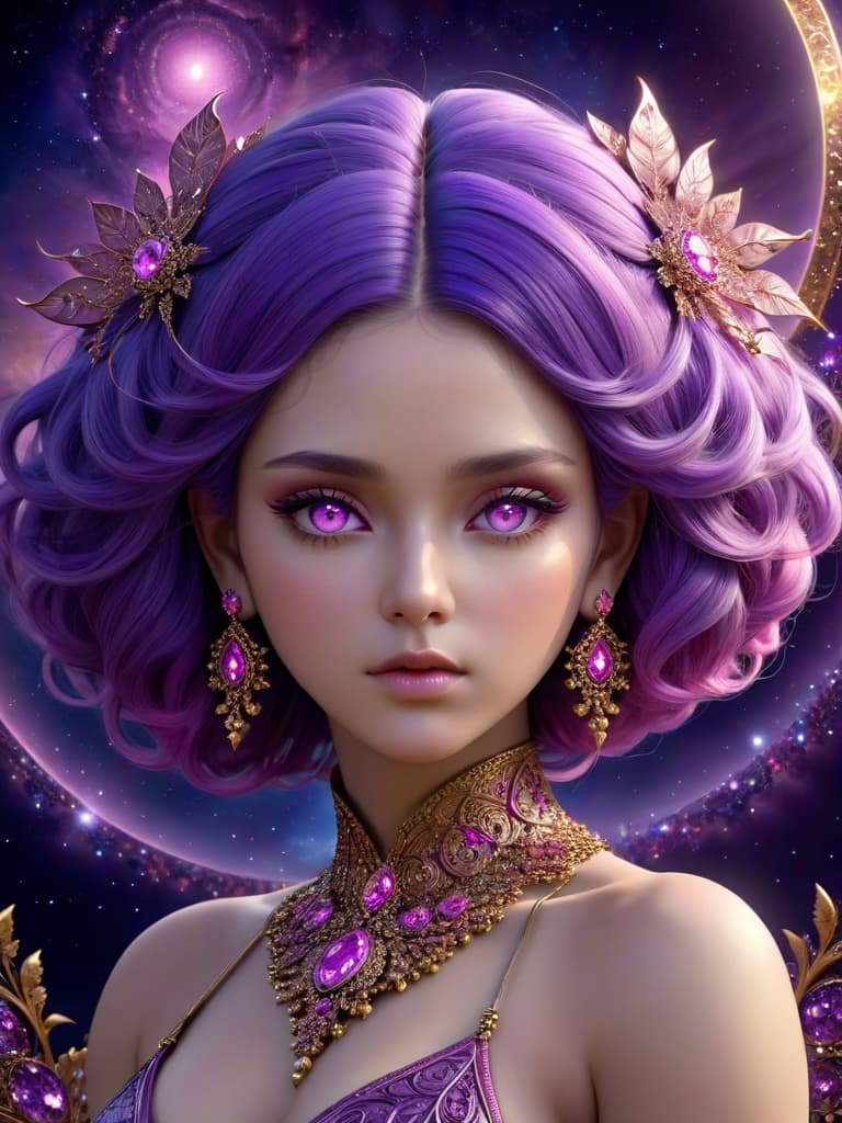  3D,(, top quality, , , beautiful and aesthetic:1.2), (fractal art:1.3), 1 , beautiful face, detailed face, high detailed, purple hair with a hint of pink,(beautiful eyes), pink eyes, dark lighting, serious face, looking the sky, medium shot, detailed body, showing, perfect , , jewelry