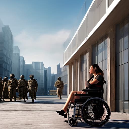 dvarchmodern A girl in a wheelchair, next to soldiers hyperrealistic, full body, detailed clothing, highly detailed, cinematic lighting, stunningly beautiful, intricate, sharp focus, f/1. 8, 85mm, (centered image composition), (professionally color graded), ((bright soft diffused light)), volumetric fog, trending on instagram, trending on tumblr, HDR 4K, 8K