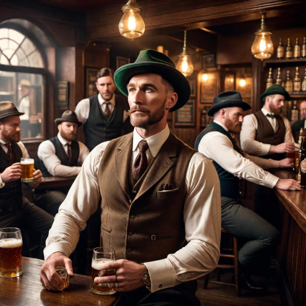  Create an image of an American Irishman in a vintage American Irish pub setting, surrounded by a group of Peaky Blinders men having a beer, engaging in a business discussion. Include a beautiful barmaid delivering beer to the group. hyperrealistic, full body, detailed clothing, highly detailed, cinematic lighting, stunningly beautiful, intricate, sharp focus, f/1. 8, 85mm, (centered image composition), (professionally color graded), ((bright soft diffused light)), volumetric fog, trending on instagram, trending on tumblr, HDR 4K, 8K