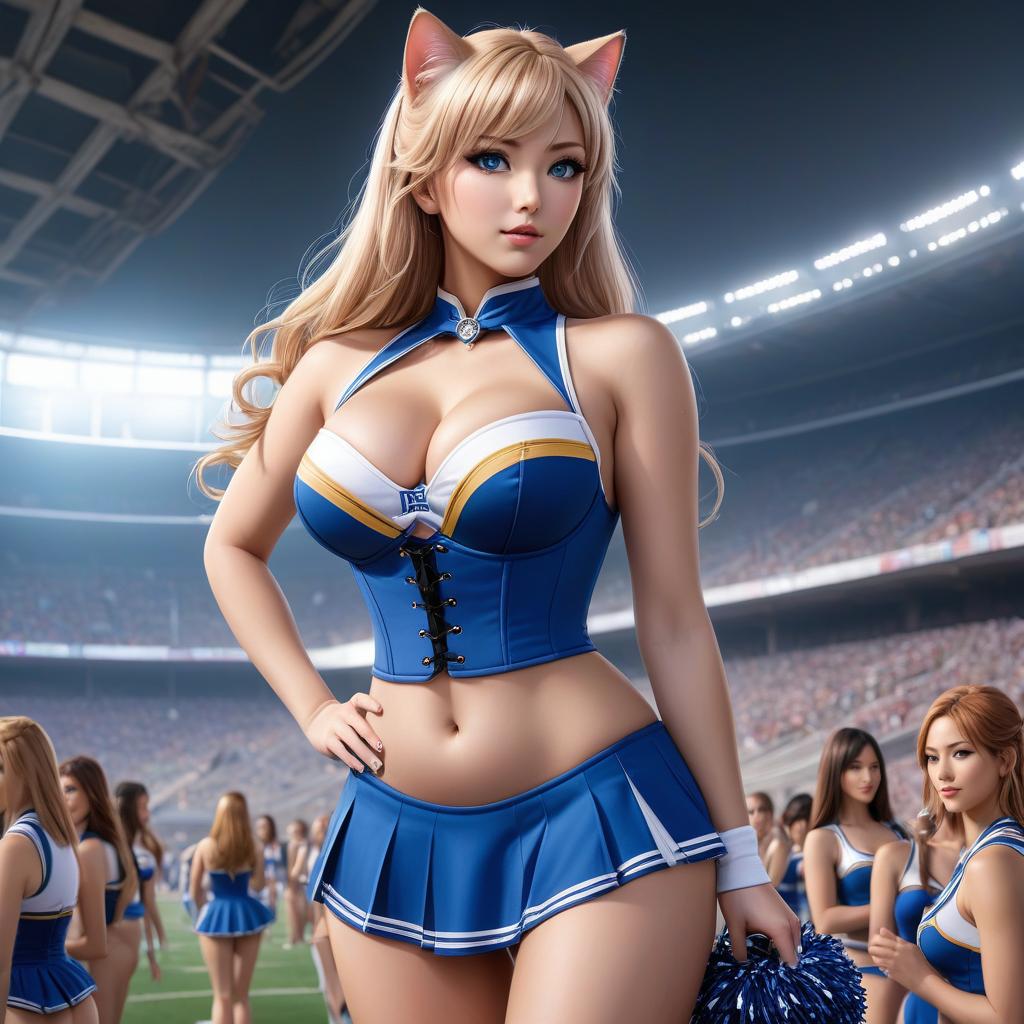  anime artwork . The , Kitty, half , cheerleader, slender , large s, full figured woman, slim waist, corset, hair, blue eyes, support group, stadium, in full height, highest quality, , a, no top clothing . anime style, key visual, vint, studio anime, highly detailed hyperrealistic, full body, detailed clothing, highly detailed, cinematic lighting, stunningly beautiful, intricate, sharp focus, f/1. 8, 85mm, (centered image composition), (professionally color graded), ((bright soft diffused light)), volumetric fog, trending on instagram, trending on tumblr, HDR 4K, 8K