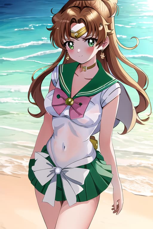  named,(sailor jupiter:1.3), (masterpiece), (highest quality), (intricate), (high detail),Girl at beach, An extremely detailed illustration of a cute beautiful women on the sea beach, detailed water, masterpiece, best quality, high quality, solo