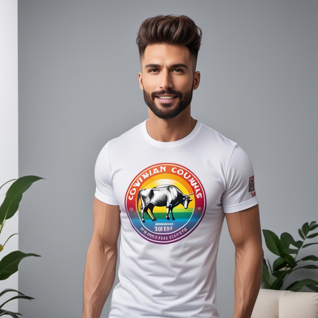  A logo for a t-shirt sublimation business called 'Cowicky Shirts', similar to the provided image. Include a graphic of a t-shirt with the text 'Cowicky Shirts' in a vintage rainbow font. The overall design should have a retro feel with vibrant colors, mimicking the style of the given image. hyperrealistic, full body, detailed clothing, highly detailed, cinematic lighting, stunningly beautiful, intricate, sharp focus, f/1. 8, 85mm, (centered image composition), (professionally color graded), ((bright soft diffused light)), volumetric fog, trending on instagram, trending on tumblr, HDR 4K, 8K