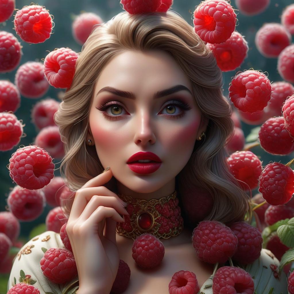  A living raspberry with a clear face bursts onto the screen, holding a red sphere containing many small raspberries inside. hyperrealistic, full body, detailed clothing, highly detailed, cinematic lighting, stunningly beautiful, intricate, sharp focus, f/1. 8, 85mm, (centered image composition), (professionally color graded), ((bright soft diffused light)), volumetric fog, trending on instagram, trending on tumblr, HDR 4K, 8K