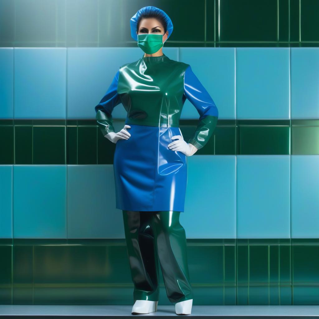  A woman, a surgeon, stands (six feet tall), from the front: (face), profile view: (face), On the face: (Surgical mask with lace ties), made of (two tone glossy latex), divided horizontally in half, the top half of the mask is dark green, the bottom half is dark blue, {the surgical mask sticks closely to the face, covering the lower part of the face and the bridge of the nose, and is fixed by laces at the back of the head and the forehead}. hyperrealistic, full body, detailed clothing, highly detailed, cinematic lighting, stunningly beautiful, intricate, sharp focus, f/1. 8, 85mm, (centered image composition), (professionally color graded), ((bright soft diffused light)), volumetric fog, trending on instagram, trending on tumblr, HDR 4K, 8K