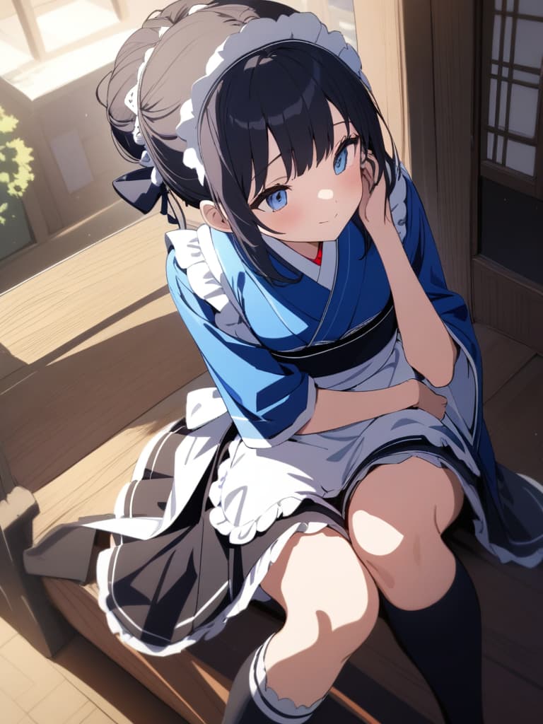  ((Kimono,kimono maid,Japanese style maid,wearing maid apron over kimono,blue kimono,mini length kimono,knee high socks,black tights)),black hair,light blue eyes,shy,embarred face,maid hair accessory,Japanese patterned kimono,Japanese style cafe,Japanese style cafe staff,cute,beautiful girl,beautiful、ultra detailed,best shadow,cute and beautiful face,(masterpiece:1.2),(best quality:1.2),detailed background,high contrast,(best illumination,an extremely delicate and beautiful),((cinematic light)),hyper detail,dramatic light,intricate details,8k,anime,very aesthetic、Customer service,maid serving,cute,smiling,, masterpiece, best quality,8k,ultra detailed,high resolution,an extremely delicate and beautiful,hyper detail